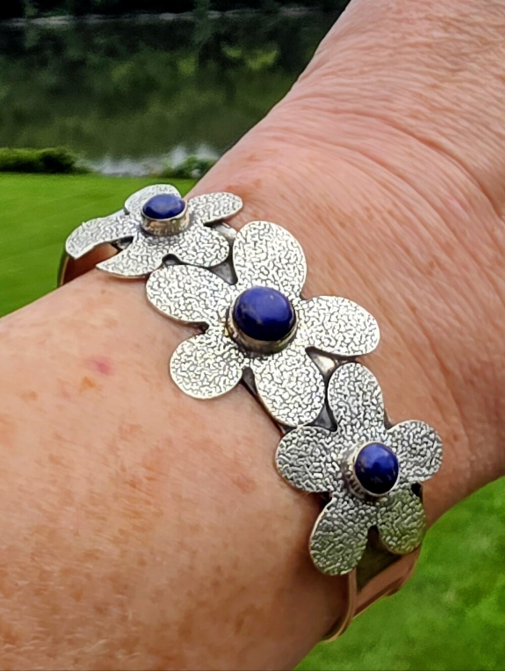 Lapis Lazuli Gemstone Cuff Bracelet In 925 Sterling Silver (Adjustable)